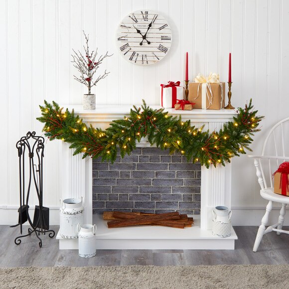 6 Christmas Pine Artificial Garland with 50 Warm White LED Lights and Berries - SKU #4466 - 3
