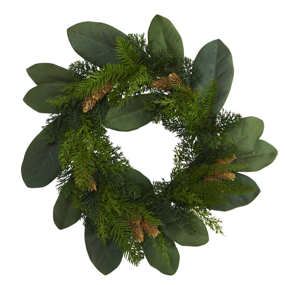 16 Magnolia Leaf and Mixed Pine Artificial Wreath with Pine Cones - SKU #4491