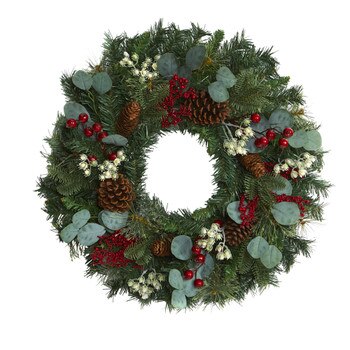 24 Eucalyptus and Pine Artificial Wreath with Berries and Pine Cones - SKU #4506