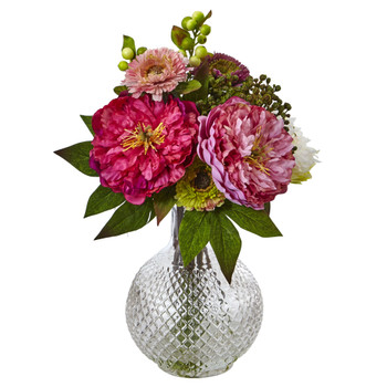 Peony and Mum in Glass Vase - SKU #4584
