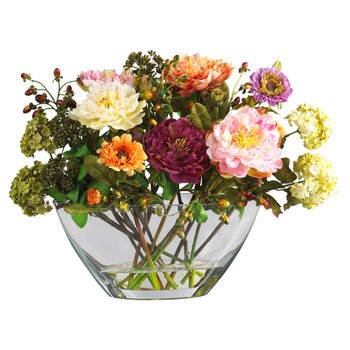 Mixed Peony w/Glass Vase Silk Flower Arrangement - SKU #4668