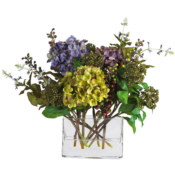Mixed Hydrangea w/Rectangle Vase Silk Flower Arrangement - SKU #4670