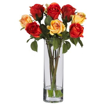 Roses w/Glass Vase Silk Flower Arrangement - SKU #4740
