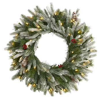 24 Snowed Artificial Christmas Wreath with 50 Warm White LED Lights and Pine Cones - SKU #4784