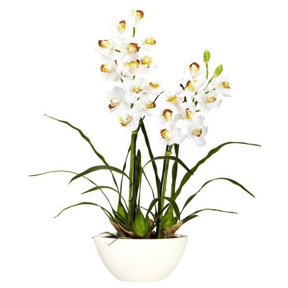 Cymbidium w/White Vase Silk Flower Arrangement - SKU #4803