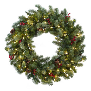 30 Lighted Pine Wreath w/Berries Pine Cones - SKU #4860