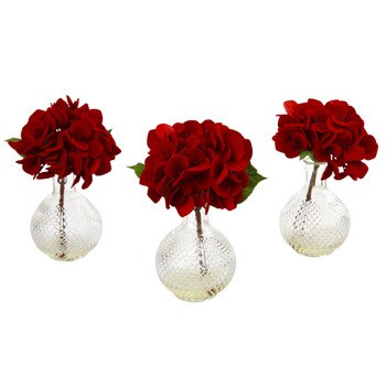 Red Hydrangea w/Glass Vase Set of 3 - SKU #4895-S3