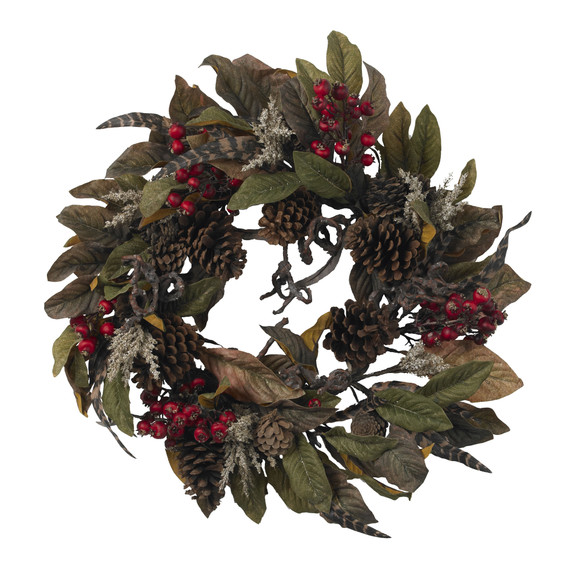 24 Pinecone Berry Feather Wreath - SKU #4901