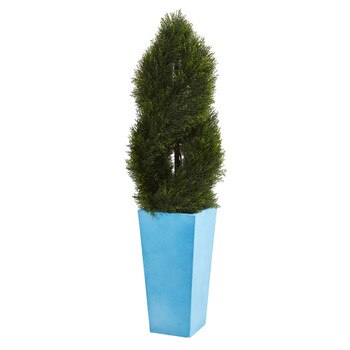 4.5 Double Pond Cypress Spiral Artificial Tree in Turquoise Planter UV Resistant Indoor/Outdoor - SKU #5618