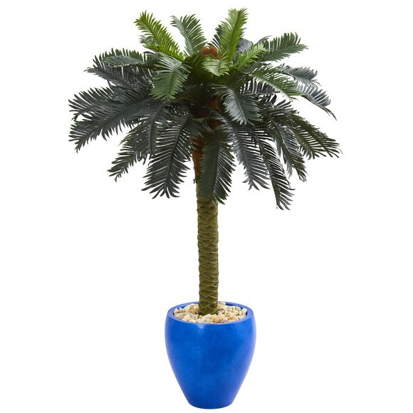 4 Sago Palm Artificial Tree in Glazed Blue Planter - SKU #5622