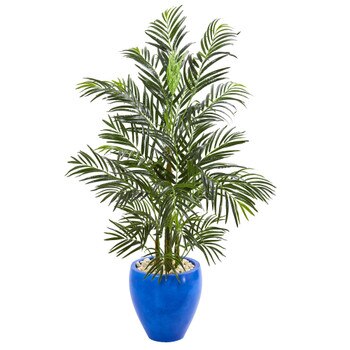 4.5 Areca Palm Artificial Tree in Glazed Blue Planter UV Resistant Indoor/Outdoor - SKU #5624