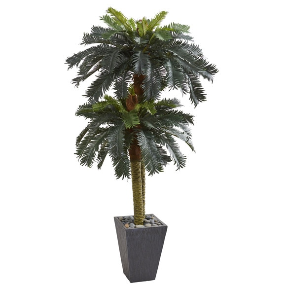 6 Double Sago Palm Artificial Tree Slate Finished Planter - SKU #5627