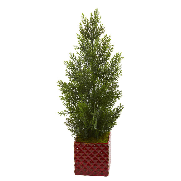 25 Mini Cedar Pine Artificial Tree in Red Planter Indoor/Outdoor - SKU #5693