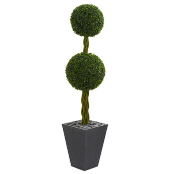 5 Double Ball Boxwood Topiary Artificial Tree in Slate Planter UV Resistant Indoor/Outdoorr - SKU #5726