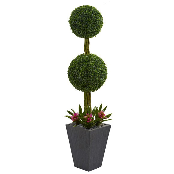 5 Double Boxwood Ball Topiary Artificial Tree in Slate Planter UV Resistant Indoor/Outdoor - SKU #5730