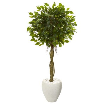 4.5 Ficus Artificial Tree in White Oval Planter UV Resistant Indoor/Outdoor - SKU #5779