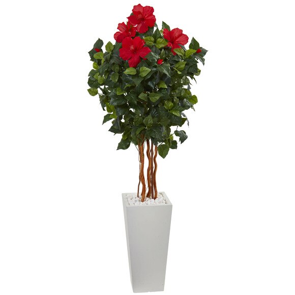 5 Hibiscus Artificial Tree in White Tower Planter - SKU #5836