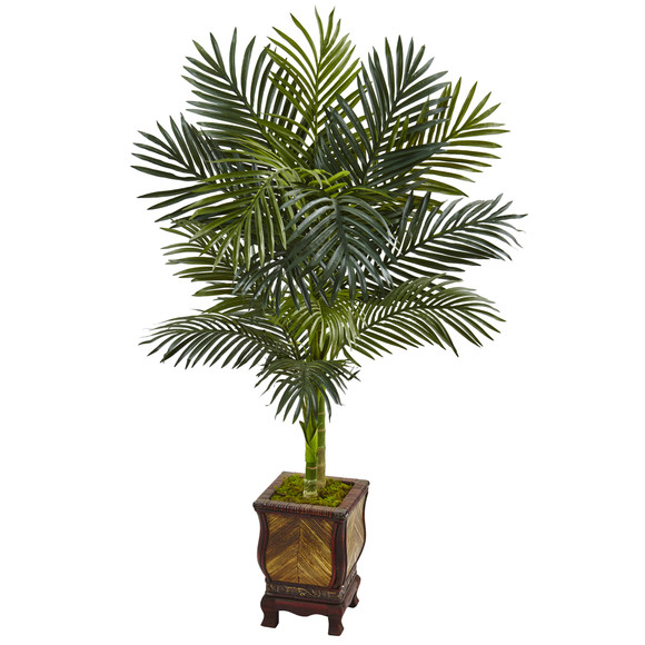 4.5 Golden Cane Palm Tree in Wooden Decorated Planter - SKU #5989