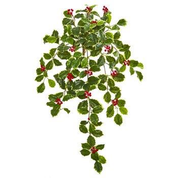 27 Variegated Holly Leaf w/Berries Hanging Bush Artificial Plant Set of 3 Real Touch - SKU #6188-S3