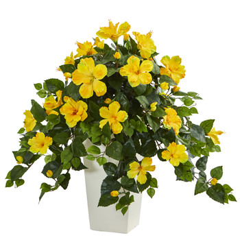 Hibiscus Artificial Plant in White Tower Planter - SKU #6364-YL
