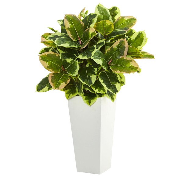 Variegated Rubber Artificial Plant in White Tower Planter Real Touch - SKU #6371