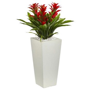 Triple Bromeliad Artificial Plant in White Tower Planter - SKU #6372-RD