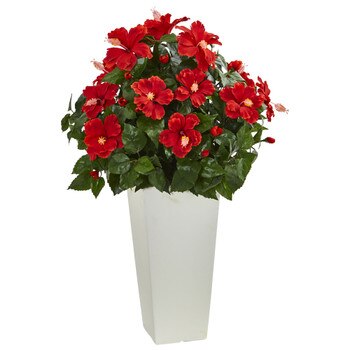 Hibiscus Artificial Plant in White Tower Planter - SKU #6379