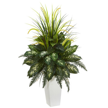 Mixed River Fern and Dogtail Artificial Plant in White Tower Planter - SKU #6382