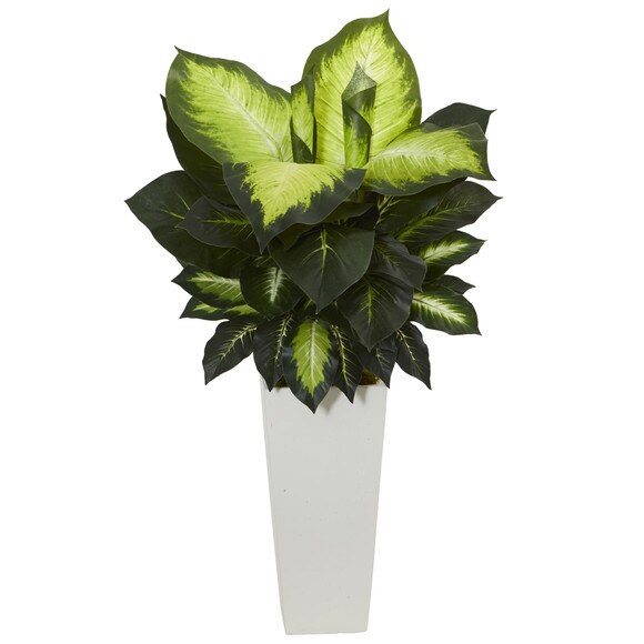 Golden Dieffenbachia Artificial Plant in White Tower Planter - SKU #6389