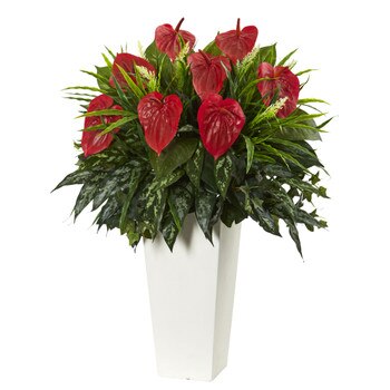 Mixed Anthurium Artificial Plant in White Tower Vase - SKU #6399