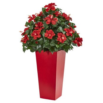 3 Hibiscus Artificial Plant in Red Planter - SKU #6445