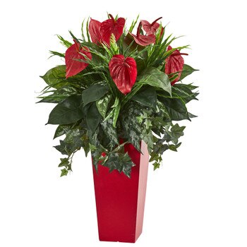 Mixed Anthurium Artificial Plant in Red Planter - SKU #6451