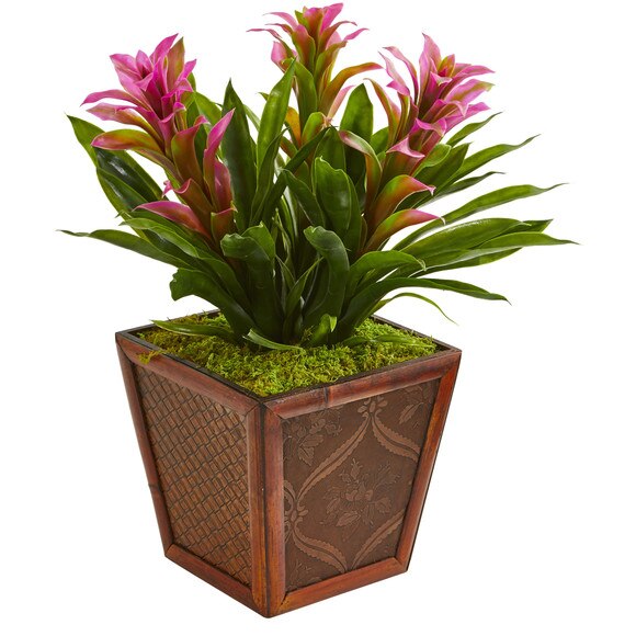 Triple Bromeliad Artificial Plant in Decorative Planter - SKU #6476-RD - 1