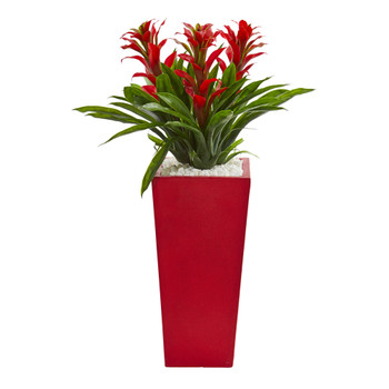 Triple Bromeliad Artificial Plant in Red Planter - SKU #6503-RD