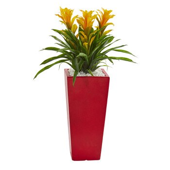 Triple Bromeliad Artificial Plant in Red Planter - SKU #6503-YL