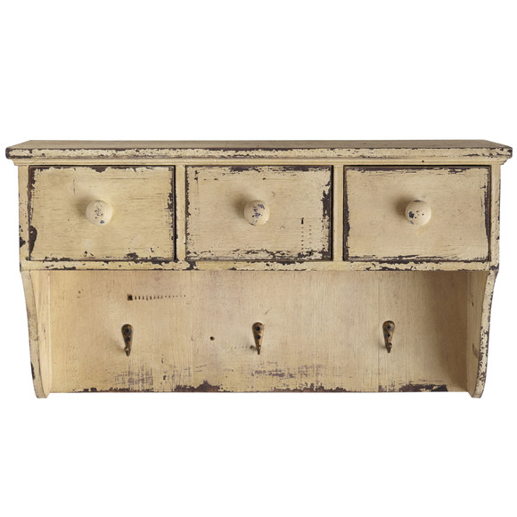 Distressed Wooden Shelf with Drawers and Hooks - SKU #7019