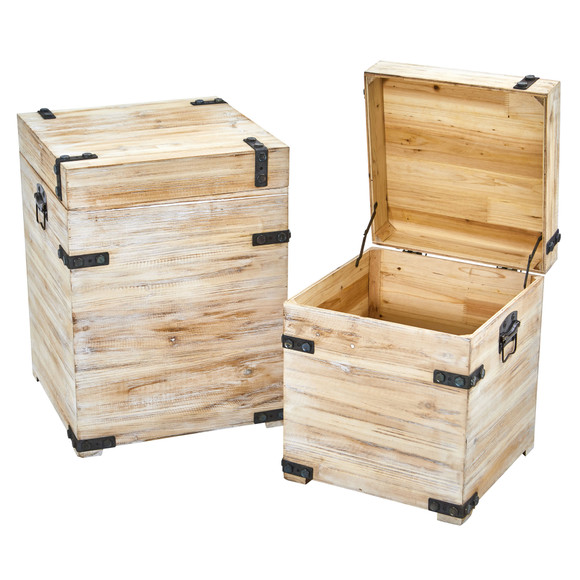 Decorative White Wash Storage Boxes-Trunks with Metal Detail Set of 2 - SKU #7028-S2