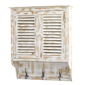 32 White Washed Wall Cabinet with Hooks - SKU #7049