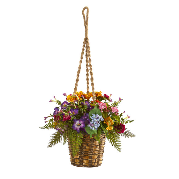 Mixed Floral Artificial Plant in Hanging Basket - SKU #8080