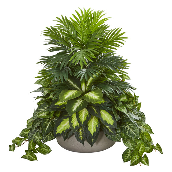 Mixed Greens Artificial Plant in Stone Planter - SKU #8151