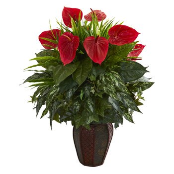 Mixed Anthurium Artificial Plant in Decorative Planter - SKU #8170-GR