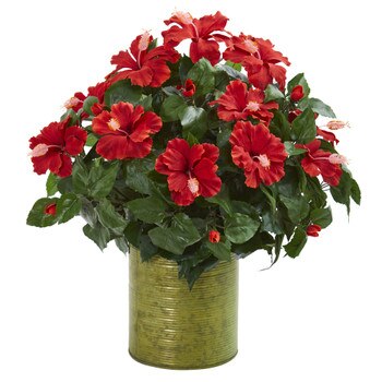 Hibiscus Artificial Plant in Metal Planter - SKU #8178