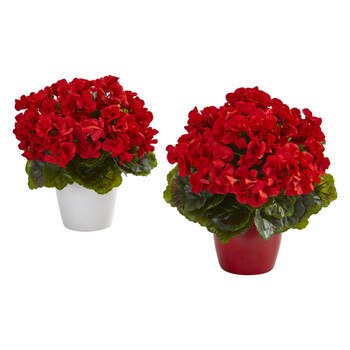 Geranium Artificial Plant in Ceramic Vase UV Resistant Indoor/Outdoor Set of 2 - SKU #8189-S2-RD