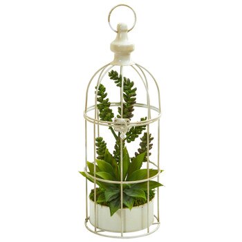 Succulent Garden Artificial Plant in Birdcage - SKU #8260