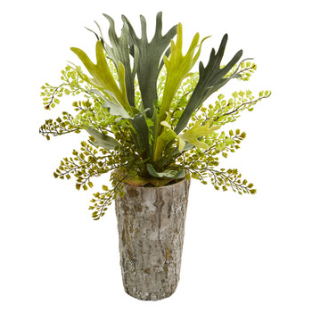 19 Staghorn and Maiden Hair Fern Artificial Plant in Weathered Vase - SKU #8271