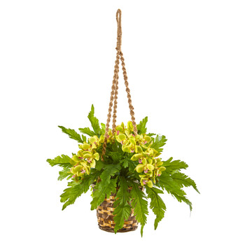 29 Phalaenopsis Orchid and Fern Artificial Plant in Hanging Basket - SKU #8346-GR