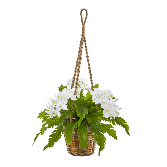 29 Phalaenopsis Orchid and Fern Artificial Plant in Hanging Basket - SKU #8346-WH