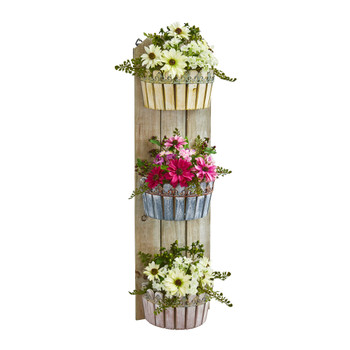 39 Mixed Daisy Artificial Plant in Three-Tiered Wall Decor Planter - SKU #8352