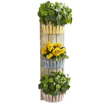 39 Geranium and Pothos Artificial Plant in Three-Tiered Wall Decor Planter - SKU #8357