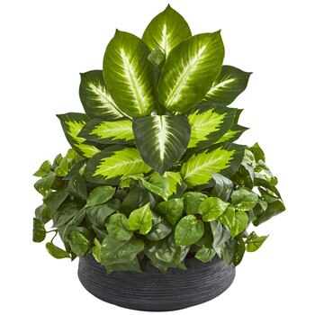 Golden Dieffenbachia Pothos Artificial Plant in Black Planter - SKU #8376